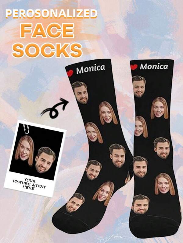 1 Pair Personalized Customized Face Photo Print Mid-Calf Socks For Women, Cute Couple Customization, Funny Custom Printed Long Socks For Valentine's Day, Birthday Or Other Occasions, Fall