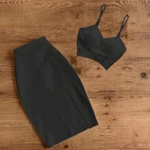 BLACK TOP AND SKIRT WITH LEG SLIPPING Fitted Strappy Top - Black - View 2