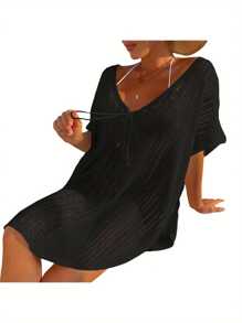 Women Summer Casual Cover Up, Solid Color Short Sleeve Hollow Out Bandage Tassel Loose Beachwear - 黑色 - 查看 4