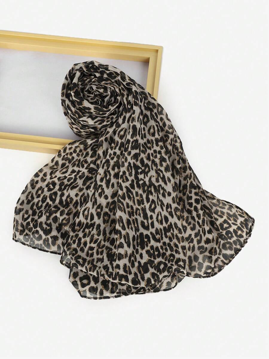 1pc Elegant Polyester Leopard Printed Shawl, Fashionable Chiffon Scarf For All Seasons - A - View 1