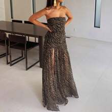 Vestido largo de mujer de tipo top tubo, sin tirantes, sin espalda, con parches de malla, estampado de leopardo, con abertura alta, vestido largo para fiesta, club nocturno y ropa de fiesta