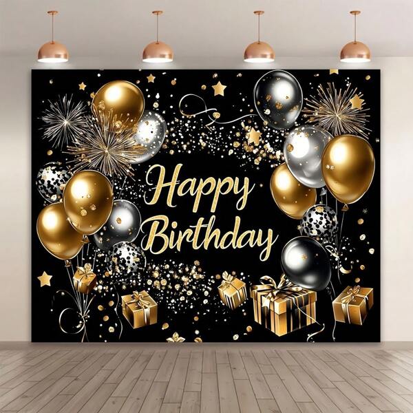 1p Black And Gold Birthday Background Banner, Polyester Material, Multi-Size, Black And Gold Balloon Birthday, Balloon And Fireworks Design, Four Seasons Party Decoration, Large Wall Hangings For Celebrations, Suitable For Parties, Indoor And Outdoor Garden Decoration
