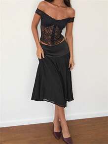 Women's Off Shoulder Lace Corset Short Sleeve Solid Color Slim Fit Bustier Tops Vintage Shirts - Black - View 2