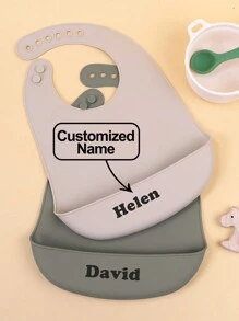 2pcs Customizated Name Children Silicone Bibs Soft Durable Bibs For Eating With Large Pocket Food Catcher Personalized Gifts All Seasons