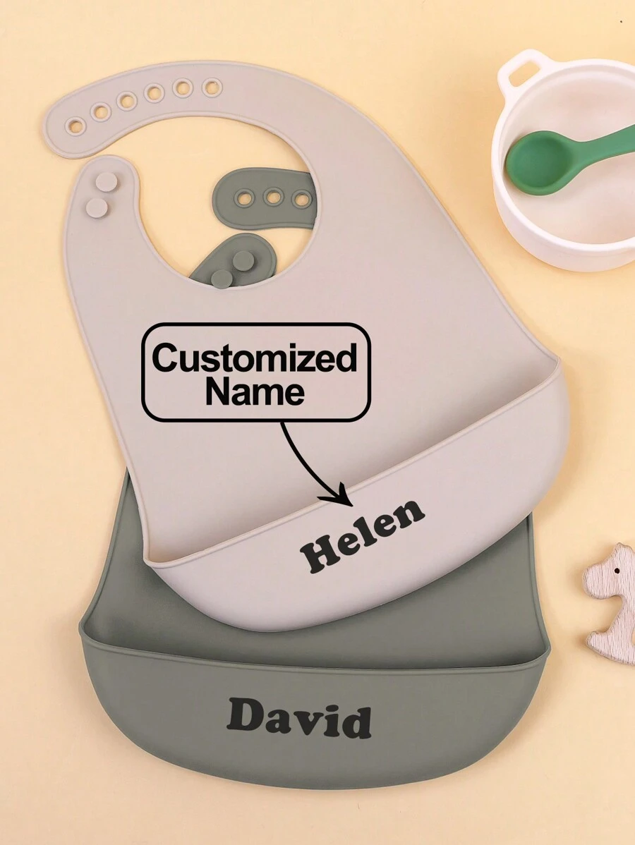 2pcs Customizated Name Children Silicone Bibs Soft Durable Bibs For Eating With Large Pocket Food Catcher Personalized Gifts All Seasons