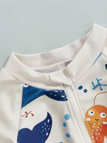 Infant Toddler Baby Boys Rash Guard Swimsuit Romper Long Sleeve Shark Print Bathing Suit Swimwear With Swim Cap - Khaki - View 4