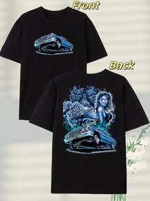 220g Heavyweight Pure Cotton Dark - Fantasy - Auto Tee - Blue - Car Print - 黑色 - 查看 1