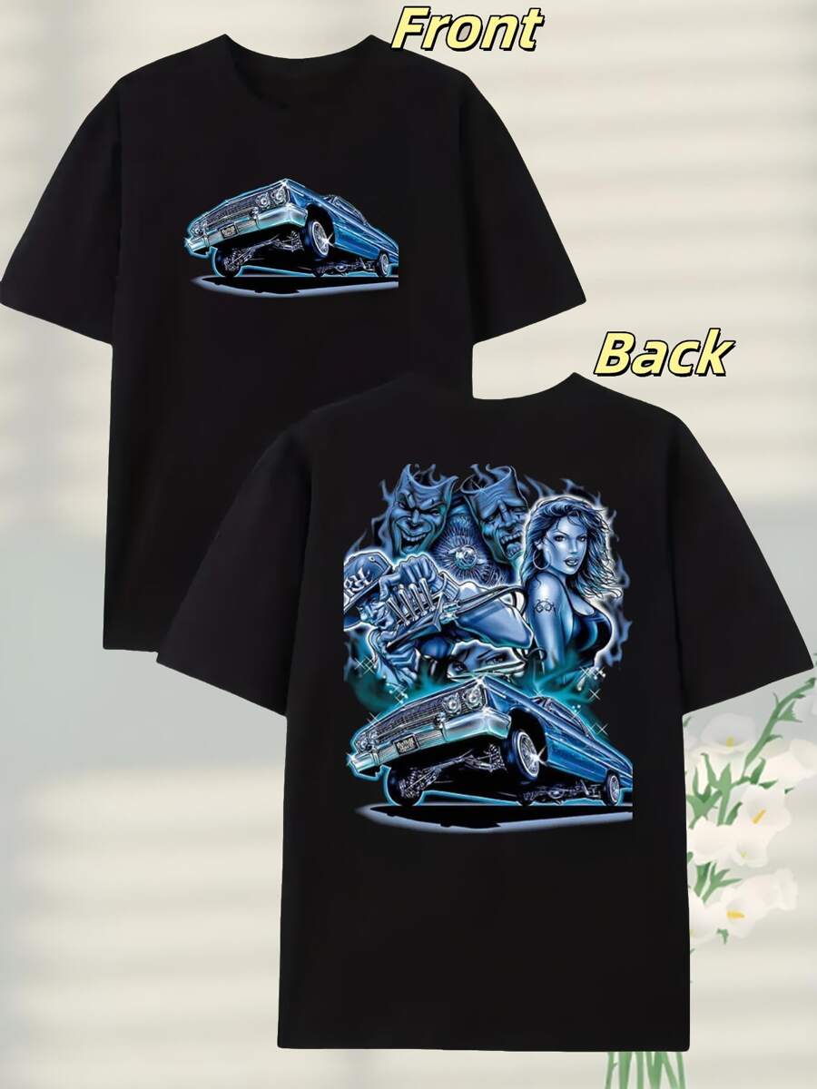 220g Heavyweight Pure Cotton Dark - Fantasy - Auto Tee - Blue - Car Print - 黑色 - 查看 1
