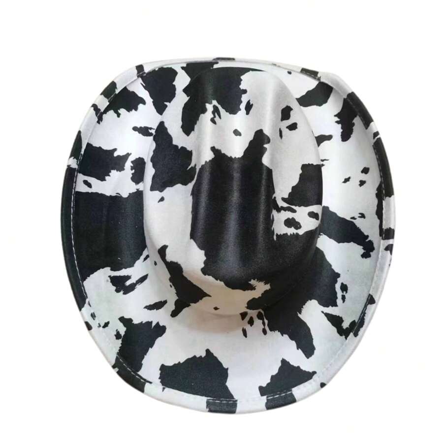 Women Cowgirl Hat, Vintage Cow Pattern Soft Wide Brim Hat Western Hat For Club Party - Black - View 1