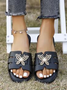 女士平底凉鞋 露趾平底正装凉鞋 女士拖鞋 蝴蝶装饰扣凉鞋 - 超舒适、轻便、防滑的夏季云凉鞋，非常适合室内和室外使用 - 黑色 - 查看 3