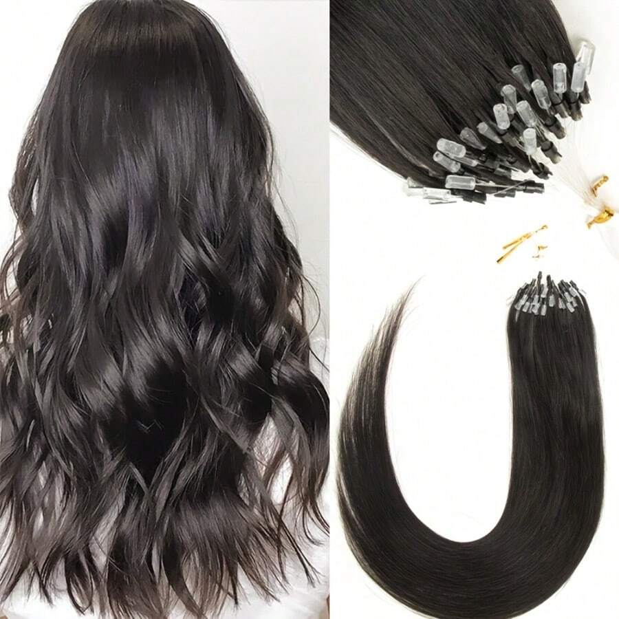 Micro Loop Hair Extensions Real Human Hair Microlink Hair Extensions Human Hair Black Microbead Hair Extensions 12-20 Inch 30g/50s - S1B - View 1