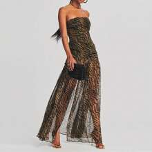 Vestido largo de mujer de tipo top tubo, sin tirantes, sin espalda, con parches de malla, estampado de leopardo, con abertura alta, vestido largo para fiesta, club nocturno y ropa de fiesta