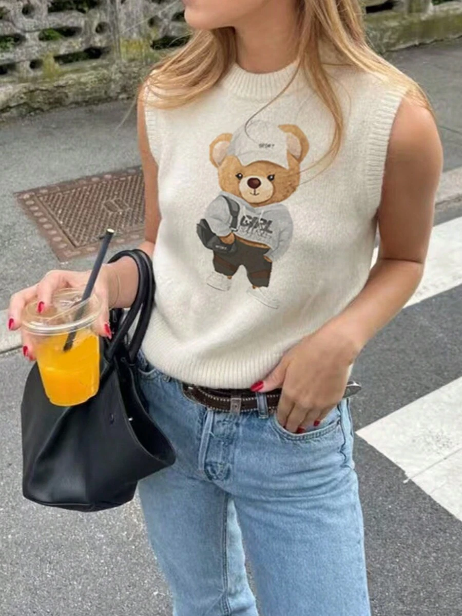 Spring And Summer New Round Neck Women Vest Teddy Bear Wearing Baseball-Cap Graphic Pattern Print ,White Summer T Shirts,Simple Stylish,Suitable For Commuting,Summer Women Knitted Tops