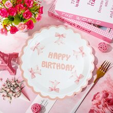 10 个粉色蝴蝶结印花一次性纸盘，粉色蝴蝶结派对用品，适合生日派对、婚礼、同学聚会、家庭聚会、情人节派对、春季 - 彩色 - 查看 1