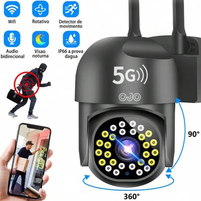 OJO® 5G Cámara de vigilancia con alarma de detección de movimiento 5G HD, visión nocturna a todo color iluminada, control de movimiento por voz bidireccional para monitor de seguridad en interiores y exteriores, negro