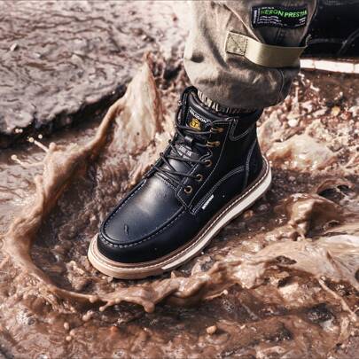Waterproof Steel Toe Boots For Men-6" Leather Work Boots Indestructible Construction Boots Slip Resistant Steel Toe Shoes Safety Boots,Dark Brown,Blac