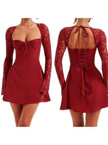 Women 's Elegant Bodycon Dress Lace Patchwork Long Sleeve Low Cut Mini Dress Backless Tie-Up Going Out Dress - 紅色 - 查看 2
