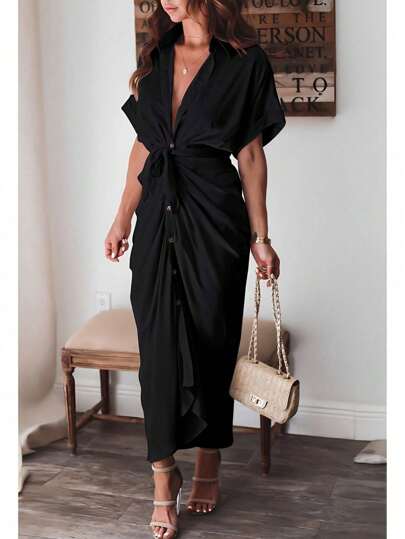 Vestidos Largos Elegantes para Mujer Moda Unicolor, Vestidos de Manga Corta de Fiesta para Mujer con Botón Delantero, Vestidos Transpirables Cómodos Casuales de Verano para Mujer, Vestidos Ajustadoss para Mujer 2024