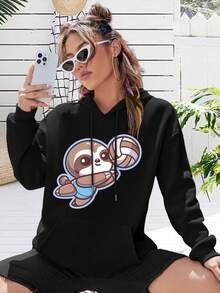 Cute Sloth Beach Volleyball Player Big Size Women Hoodie For Ladies Cartoon Animal Athlete Cute Animal Lover - Black - View 1