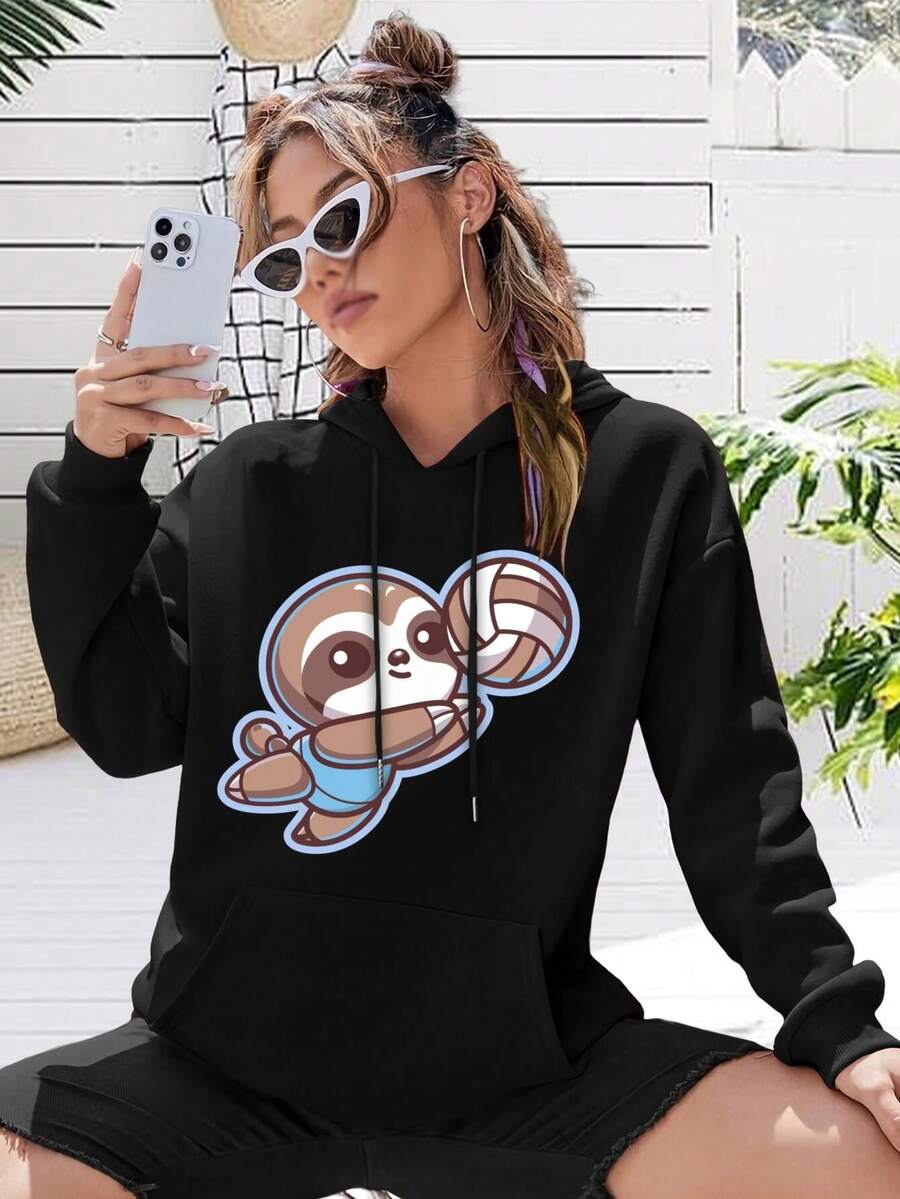 Cute Sloth Beach Volleyball Player Big Size Women Hoodie For Ladies Cartoon Animal Athlete Cute Animal Lover - Black - View 1