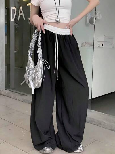 Vintage estilo americano empalme de color de la colisión de pierna ancha suelta casual pantalones de las mujeres delgadas Pantalones de Mujer