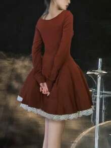 Solid Lace Patchwork Pleated Knitted Dress For Women's Spring Autumn Long Sleeved Slim Clothes Sweet Big Swing Concert Festival Dresses - View 5