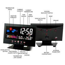Digital Weather Alarm Clock, Voice Control Backlight, Temperature Humidity Calendar Display, Glass Material, Time & Weather Forecast, Desk Clock With Color Screen - Black - View 5