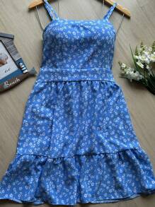 Women's Dress With Floral Cup Adjustable Strap Short Loose New Medelo Summer - Blue - View 1