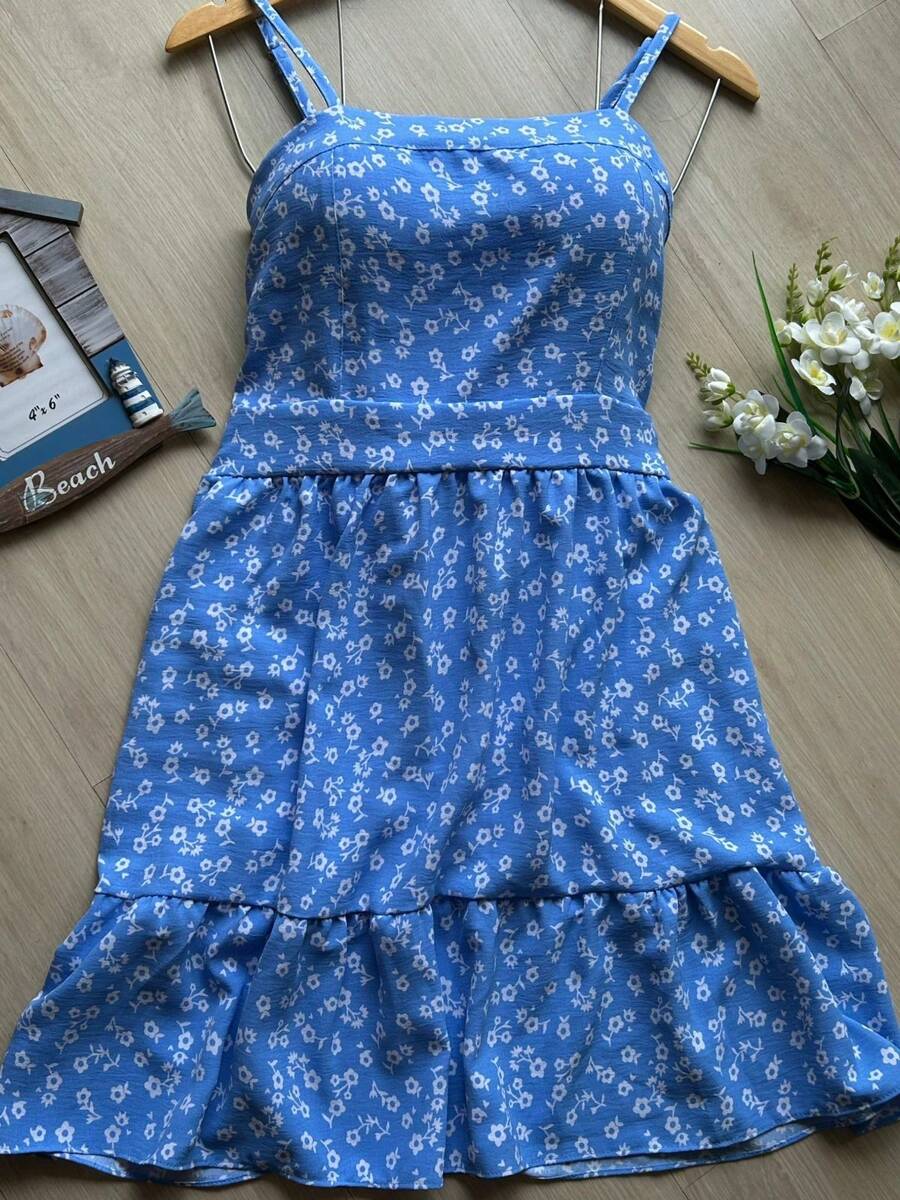 Women's Dress With Floral Cup Adjustable Strap Short Loose New Medelo Summer - Blue - View 1