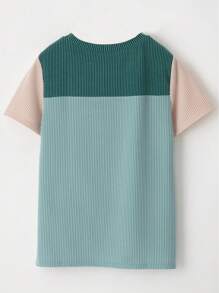 CILKOO Women's Casual Round Neck Contrast Color Ribbed Splice Short Sleeve T-Shirt - Green - View 11