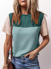 CILKOO Women's Casual Round Neck Contrast Color Ribbed Splice Short Sleeve T-Shirt - Green - View 5