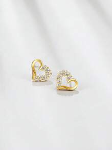 1 Pair Silver Sweet Heart Partially Paved Crystal Stud Earrings, Classic High-End Versatile Minimalist Earrings For Women, Suitable For Daily Wear And Valentine's Day - 耳钉 - View 3