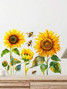 mama look 1pc Floral & Sunflower With Bee Wall Sticker, Suitable For Bedroom, Living Room, Study, Home Decor, PVC Self-Adhesive Removable Cartoon Sticker - Multicolor - View 8