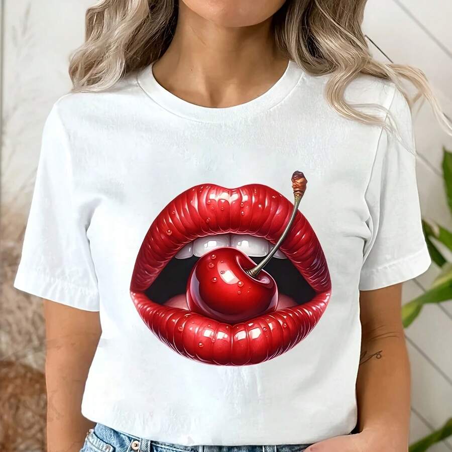 Cherry Y Lips Funny Woman T-Shirts Watercolor Graphic Casual Tops Short Sve Tees Aesthetic Red Lips  Female Clothing