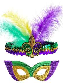 2pcs Colorful Glitter Masquerade Party Masks, Carnival Costume Props, Mardi Gras Headband With Sequins, Suitable For Mardi Gras Masquerade Ball, Party Feather Headdress In Purple, Yellow, Green, Bohemian Style For All Seasons Halloween