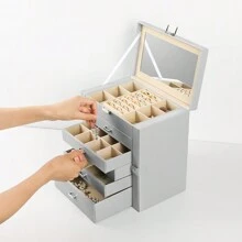 Frebeauty 大号珠宝盒，6 层 PU 皮革珠宝收纳盒，带镜子的多功能收纳盒，带 5 个抽屉的配件架，可收纳项链、手链、手表等，适合返校宿舍收纳 - 灰色 - 查看 3