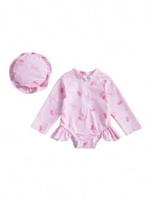 Rash Guard Swimsuits With Hat 2 Pcs Set Bow Pattern Zip Up Long Sleeve Crew Neck Baby Girls Swimwears - 紫色 - 查看 9
