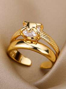 1PC Zirconia Heart Open Rings For Women Lover Gold Color Stainless Steel Heart Ring Female Finger Waterproof Engagement Wedding Jewelry Gift - Multicolor - View 2