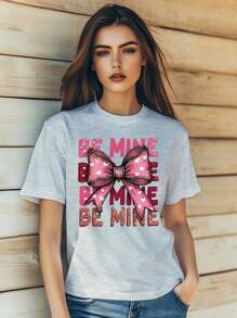 Women's   Valentine's Day Love Bow Cut Print T-Shirt Fashion Short Sleeve Round-Neck Slm Fit Tops Summer Casual Streetwear