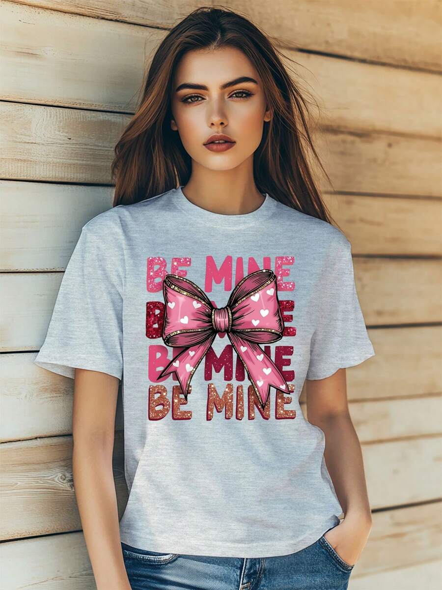 Women's   Valentine's Day Love Bow Cut Print T-Shirt Fashion Short Sleeve Round-Neck Slm Fit Tops Summer Casual Streetwear
