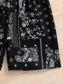 Tween Boy Fashion Paisley Print Woven Polo Collar Short Sleeve Shirt & Elastic Waist Casual Shorts 2-Piece Set, Suitable For Summer, Daily, Party & Vacation