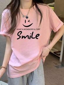 女士圆领宽松休闲笑脸字母印花短袖 T 恤，百搭春秋季节 - 粉色 - 查看 1