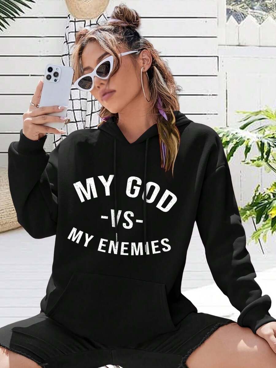 My GOD Vs My Enemies Inspirational Christian Big Size Women Hoodie Jacket For Women - Black - View 1