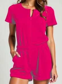 Curve And Plus Size Jumpsuit In Fleece With Zipper For Adult Women - Hot Pink - View 2