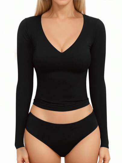 QGEMANWU Long Sleeve Shirts For Women V Neck Basics Tops Lightweight Base Layer Slim Fit Top Undershirts