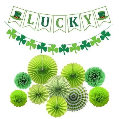 Đồ trang trí ngày Thánh Patrick, phụ kiện trang trí ngày Thánh Patrick, đồ dùng tiệc kiểu Ireland, bao gồm quạt giấy, băng rôn may mắn lấp lánh, vòng hoa cỏ ba lá may mắn, đồ trang trí nhà cửa màu xanh lá cây kiểu Ireland, đồ dùng tiệc ngày Thánh Patrick.