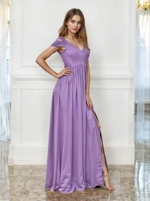 Elegant Off Shoulder Long Dress With Front Slit - Lilac Purple - View 2