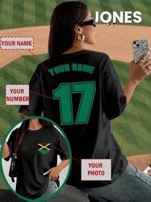 Camiseta de manga corta para mujer personalizada para el Día de Muertos, San Valentín, eventos deportivos, partidos de pelota, etc. - Agrega tu propio texto en la parte posterior (números y nombres, o números de la suerte, etc.), agrega una imagen en la parte frontal (logotipo/símbolo/foto/foto de un amigo/selfie/patrones favoritos), diseña tu propia camiseta reversible personalizada