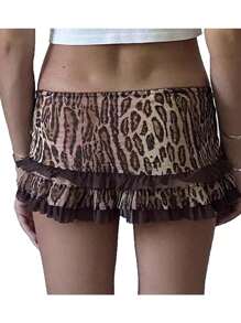 Women Mini Short Skirt Low Waisted Leopard Print Ruffle Lace Edge Fashion Short Skirt - Màu nâu - Xem 5