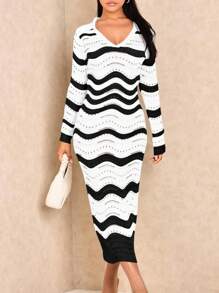 Women's Striped Long Sleeve Sweater Dress Winter Casual Crochet Knit Bodycon V Neck Collared Midi - 白色 - 查看 4
